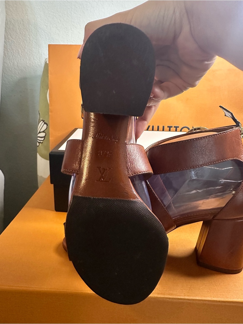 Louis Vuitton Brown and Gold Clear Ankle-Strap Block Heels - Picture 4 of 8